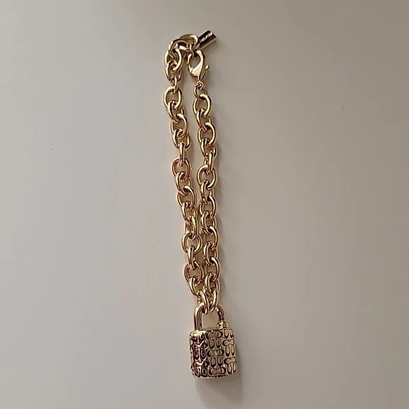 COACH Padlock Bracelet, Gold Tone with Crystals Chain Bracelet - Picture 4 of 7